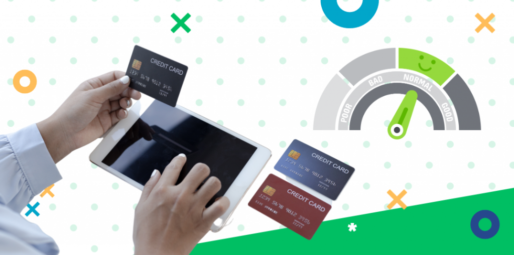 score illustration with woman's hands holding a credit card