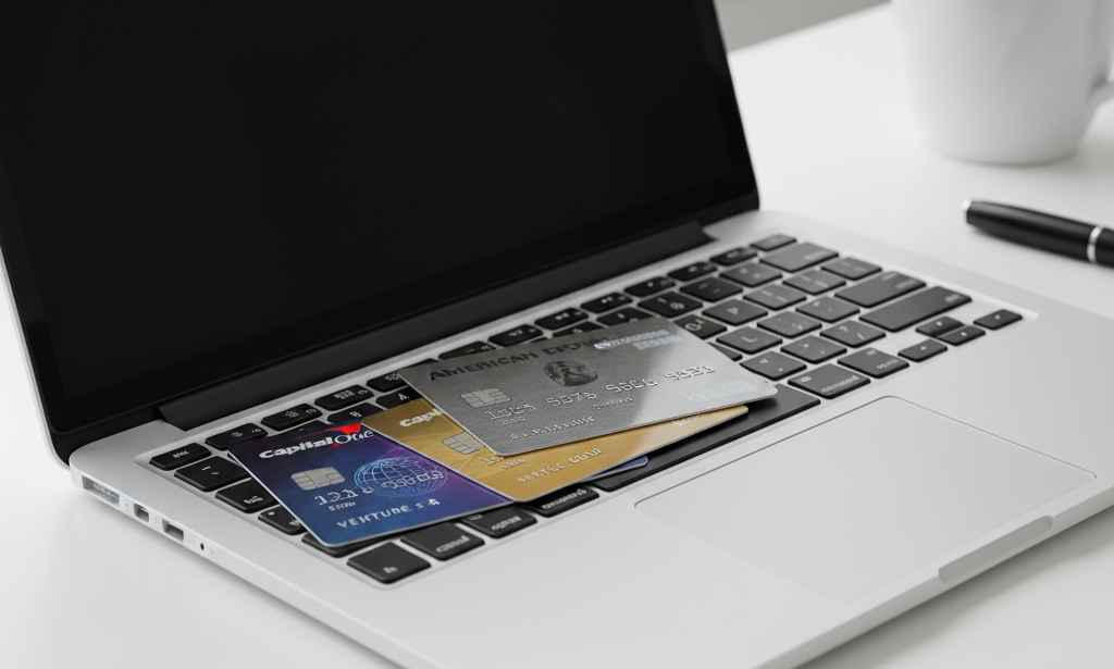 credit cards on laptop