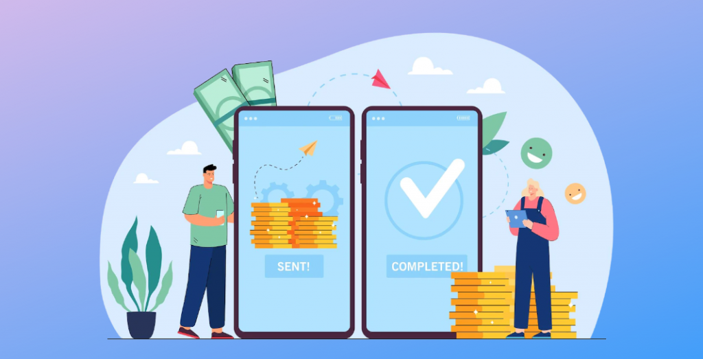 Illustration of man and woman sending and receiving money wireless through smartphone.