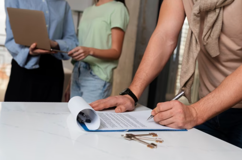 Side view buyer signing document